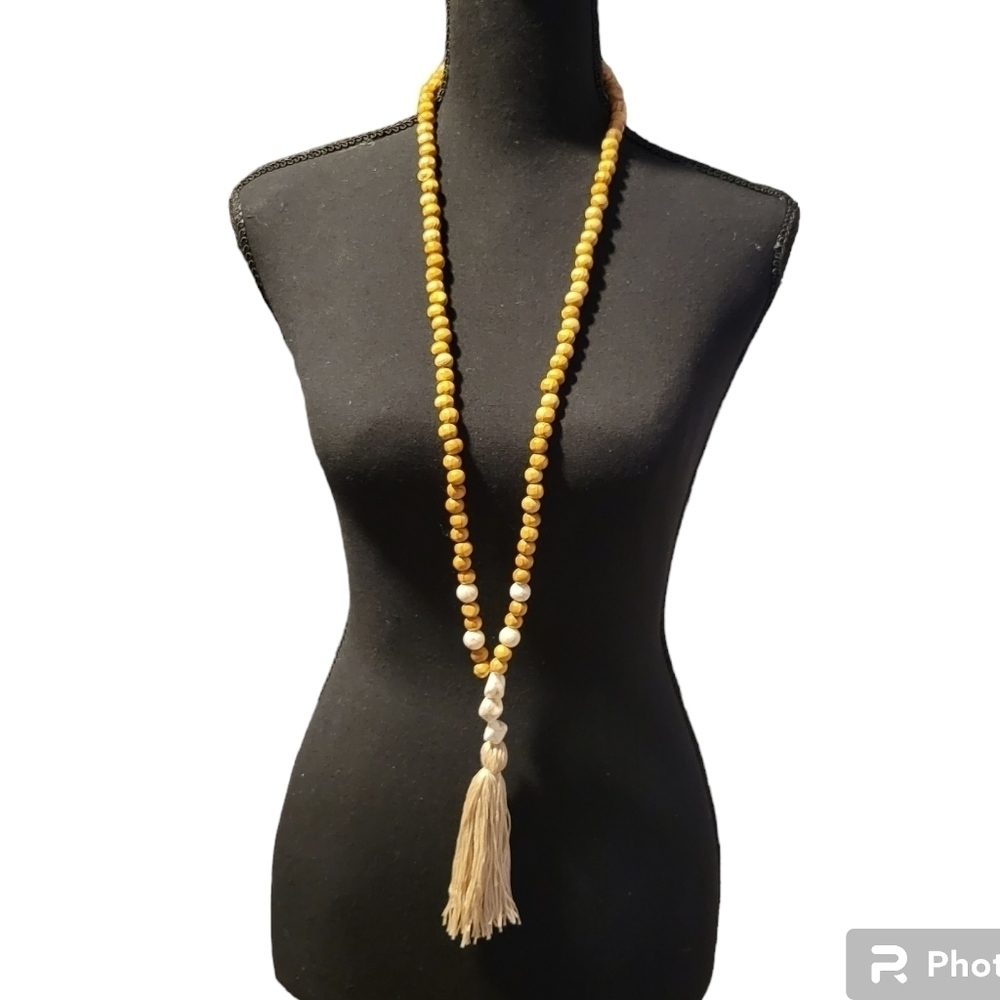 Vintage Boho Wooden Bead Stone Long Tassel Necklace
